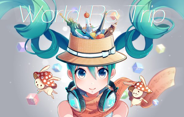 イラスト 2000x1280 と ボーカロイド 初音ミク のう ソロ 長髪 カメラ目線 前髪 highres 青い目 笑顔 hair between eyes ツインテール upper body green hair text english headphones around neck 39 女の子 帽子