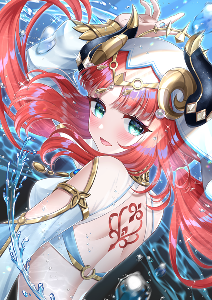 Anime picture 2150x3035 with genshin impact nilou (genshin impact) tateko25wiz single long hair tall image highres open mouth light erotic upper body red hair :d horn (horns) aqua eyes sparkle tattoo girl water veil
