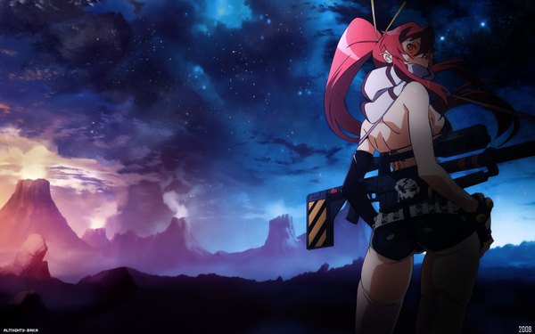 Anime picture 1680x1050 with tengen toppa gurren lagann gainax yoko littner single long hair light erotic wide image cloud (clouds) ass ponytail red hair looking back from behind night sky mountain hands on hips volcano girl hair ornament glasses