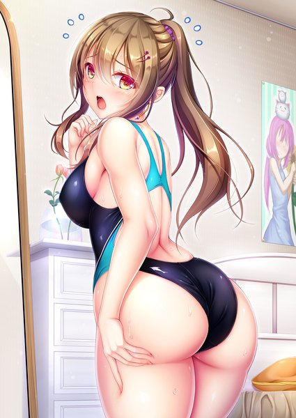 Anime picture 1254x1771 with original hiro (725611) single long hair tall image looking at viewer blush fringe breasts open mouth light erotic hair between eyes brown hair large breasts standing yellow eyes payot ass ponytail indoors