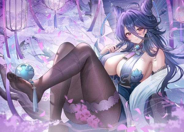 Anime picture 3674x2634 with azur lane chi an (azur lane) tansuan (ensj3875) single long hair looking at viewer blush fringe highres breasts light erotic smile hair between eyes red eyes large breasts sitting bare shoulders absurdres cleavage purple hair
