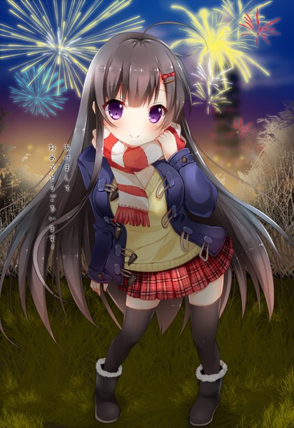 Anime picture 1032x1500 with original usagihime single long hair tall image looking at viewer blush fringe black hair smile purple eyes ahoge from above fireworks girl thighhighs skirt black thighhighs miniskirt jacket
