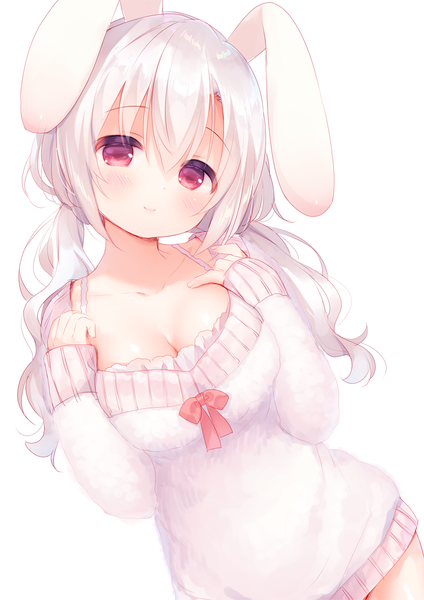 Anime picture 800x1131 with original usashiro mani single long hair tall image looking at viewer blush fringe breasts light erotic simple background hair between eyes red eyes large breasts white background twintails animal ears cleavage white hair light smile