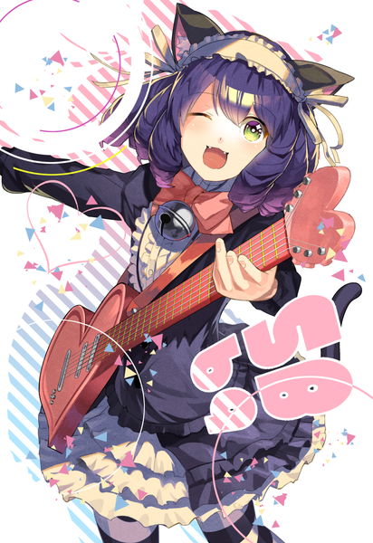 Anime picture 770x1120 with show by rock!! studio bones cyan (show by rock!!) strawberry heart nekoma tamaki single tall image looking at viewer blush fringe short hair open mouth hair between eyes standing white background holding green eyes animal ears purple hair tail