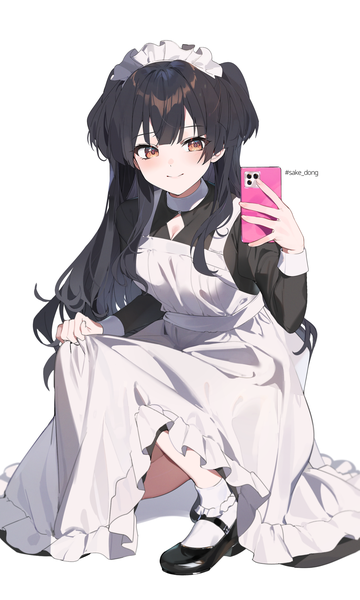 Anime picture 1500x2500 with idolmaster idolmaster shiny colors mayuzumi fuyuko sake dong single long hair tall image fringe black hair simple background smile hair between eyes white background brown eyes signed looking away maid two side up twitter username squat