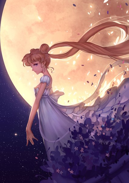 Anime picture 1000x1414 with bishoujo senshi sailor moon toei animation tsukino usagi princess serenity hanyijie single long hair tall image looking at viewer fringe blonde hair standing purple eyes twintails light smile wind short sleeves hair bun (hair buns) puffy sleeves girl