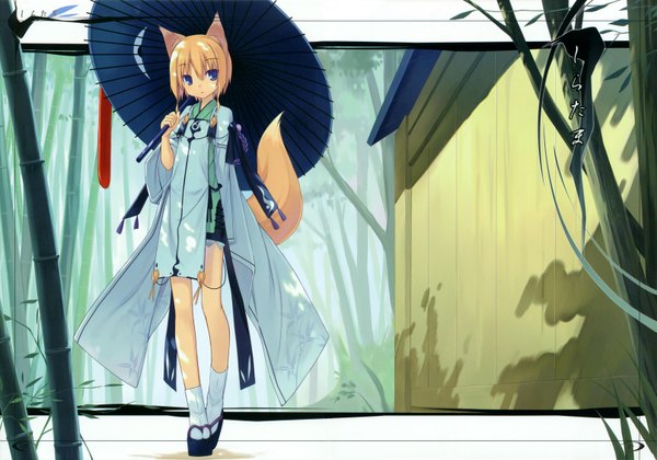 Anime picture 6441x4519 with original shiratama kitsune poco (asahi age) single highres short hair blonde hair animal ears tail animal tail fox ears fox tail fox girl girl umbrella oriental umbrella