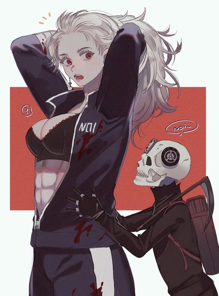 Anime picture 1516x2048 with dorohedoro mappa noi (dorohedoro) ebisu (dorohedoro) kirudai long hair tall image breasts open mouth light erotic red eyes large breasts multiple girls looking away silver hair character names adjusting hair muscle partially open clothes abs