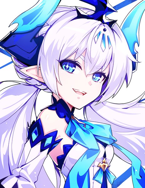 Anime picture 864x1120 with elsword luciela r. sourcream (elsword) hwansang single long hair tall image looking at viewer fringe open mouth blue eyes simple background smile hair between eyes white background twintails upper body white hair :d horn (horns) pointy ears