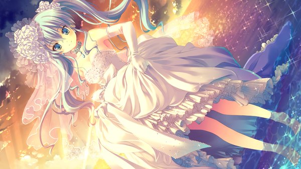 Anime picture 1280x720 with hoshi no ouji-kun ringo aoi qp:flapper long hair smile wide image twintails green eyes blue hair game cg hair flower evening sunset girl dress gloves hair ornament water elbow gloves jewelry