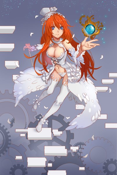 Anime picture 1000x1488 with original xiaoshou xiansheng single long hair tall image looking at viewer highres breasts blue eyes light erotic smile bare shoulders cleavage orange hair girl navel detached sleeves headdress thigh boots gears