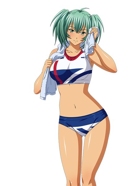 Anime picture 600x832 with ikkitousen ryofu housen single tall image looking at viewer short hair light erotic simple background white background twintails green eyes green hair short twintails towel around neck girl navel uniform gym uniform towel