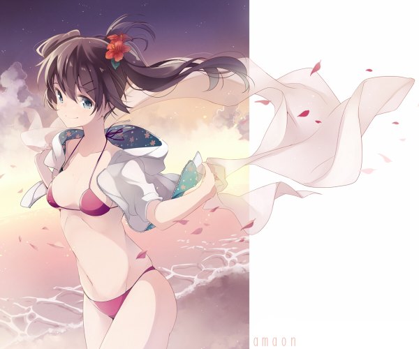 Anime picture 1200x1000 with original umiko (munemiu) single long hair looking at viewer blue eyes light erotic brown hair twintails sky cloud (clouds) hair flower light smile bare belly beach girl navel hair ornament flower (flowers) swimsuit