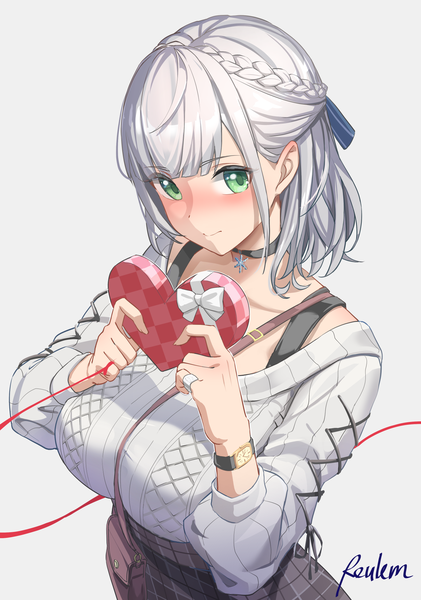 Anime picture 1347x1921 with virtual youtuber hololive shirogane noel shirogane noel (3rd costume) reulem single tall image blush short hair simple background green eyes signed silver hair from above grey background embarrassed official alternate costume half updo valentine girl