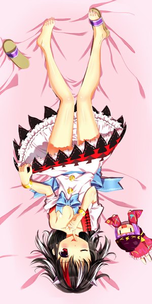 Anime picture 500x1000 with touhou kijin seija sukuna shinmyoumaru cnm tall image blush short hair open mouth light erotic red eyes multiple girls purple hair full body lying one eye closed multicolored hair horn (horns) wink streaked hair finger to mouth