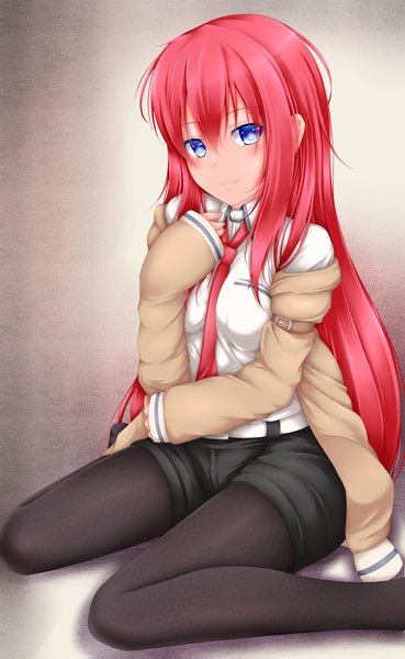 Anime picture 1353x2200 with steins;gate white fox makise kurisu akkii (meragold) single long hair tall image looking at viewer blush blue eyes smile pink hair girl jacket shorts