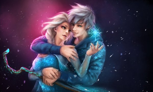 Anime picture 1280x777 with frozen (disney) rise of the guardians disney dreamworks elsa (frozen) jack frost (rise of the guardians) shobey1kanoby breasts blonde hair wide image silver hair braid (braids) light smile lips hug magic single braid snowing crossover hug from behind