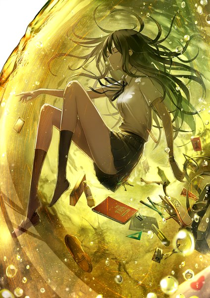 Anime picture 1060x1500 with original fame peera single long hair tall image black hair bent knee (knees) eyes closed pleated skirt depth of field partially submerged shoes removed girl skirt uniform school uniform shirt water socks food