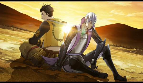 Anime picture 1000x580 with sengoku basara production i.g mitsunari ishida tokugawa ieyasu yun (neo) short hair brown hair wide image sitting sky silver hair cloud (clouds) eyes closed profile looking back black eyes multiple boys hieroglyph evening sunset