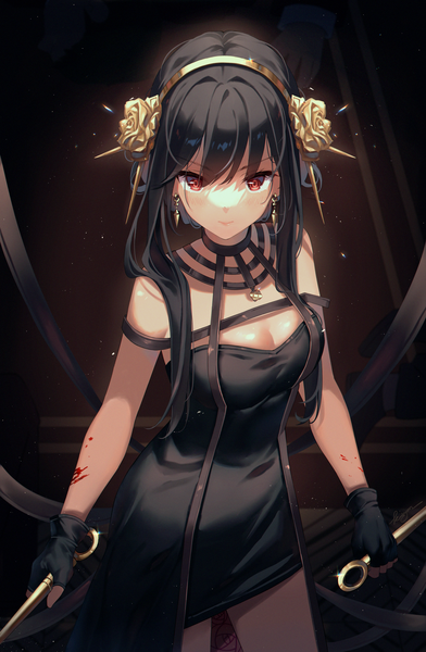 Anime picture 1980x3028 with spy x family yor briar kuri (animejpholic) single long hair tall image looking at viewer fringe highres black hair red eyes cleavage girl dress gloves weapon earrings black gloves fingerless gloves black dress