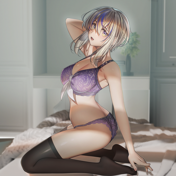 Anime picture 4175x4175 with original nanaken nana single looking at viewer fringe highres short hair breasts open mouth blue eyes light erotic blonde hair smile hair between eyes large breasts payot absurdres ass indoors :d