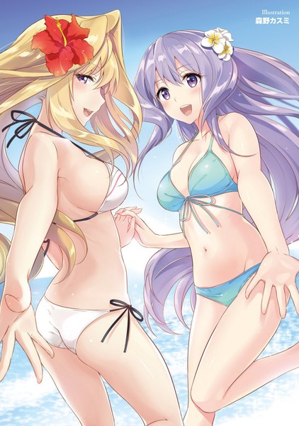 Anime picture 1404x1998 with gakusen toshi asterisk claudia enfield lyyneheym sylvia morino kasumi tall image looking at viewer blush fringe breasts open mouth light erotic blonde hair hair between eyes large breasts standing purple eyes multiple girls signed payot sky