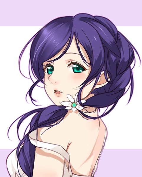 Anime picture 1590x1984 with love live! school idol project sunrise (studio) love live! toujou nozomi clouble single long hair tall image looking at viewer blush breasts open mouth smile bare shoulders green eyes purple hair braid (braids) looking back hair flower lips