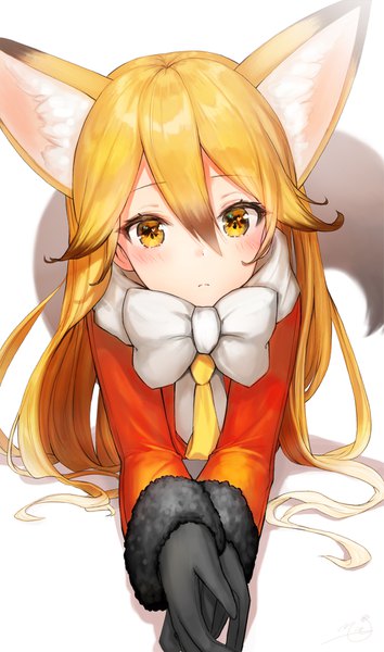 Anime picture 1033x1750 with kemono friends ezo red fox (kemono friends) mia (miaflocon) single long hair tall image blush fringe simple background blonde hair hair between eyes white background signed animal ears yellow eyes tail animal tail fox ears fox tail fox girl