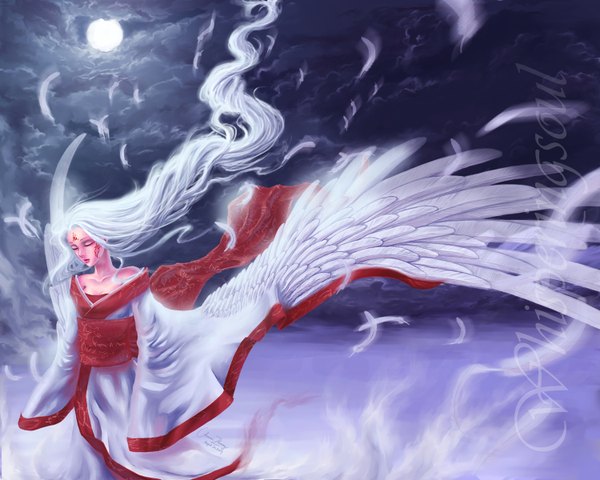 Anime picture 1500x1200 with natsume yuujinchou brains base (studio) whisperingsoul single long hair sky cloud (clouds) white hair eyes closed long sleeves night tattoo facial mark girl wings moon feather (feathers)