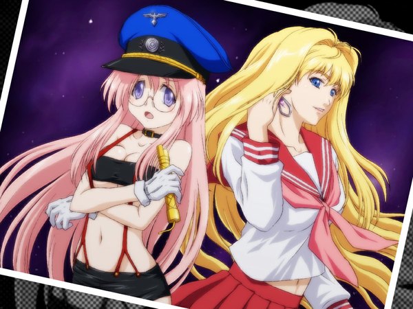 Anime picture 1024x768 with lucky star macross macross frontier kyoto animation sheryl nome takara miyuki iga tomoteru midriff cosplay crossover costume switch girl suspenders tubetop seiyuu joke endou aya