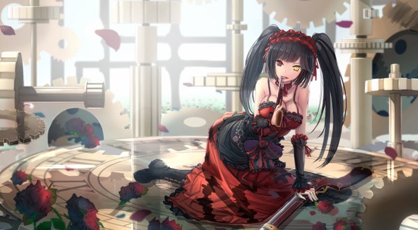 Anime picture 3003x1655 with date a live tokisaki kurumi kikivi single long hair highres black hair wide image twintails heterochromia girl dress flower (flowers) weapon detached sleeves petals boots frills headdress rose (roses)