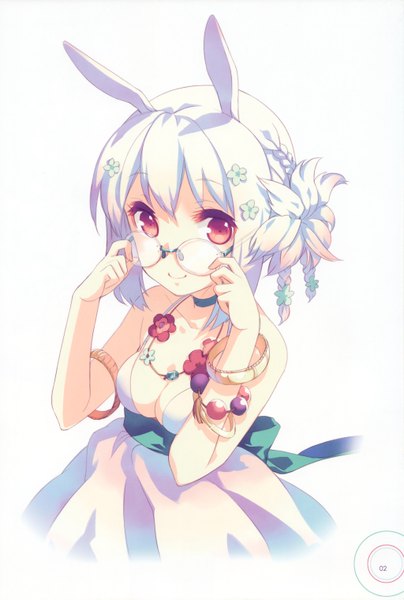 Anime picture 2047x3034 with dj max suee h2so4 single tall image looking at viewer highres short hair simple background smile red eyes white background animal ears cleavage white hair braid (braids) hair flower from above scan bunny ears