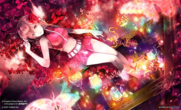 Anime picture 2422x1478 with vocaloid meiko yuu (arcadia) single looking at viewer fringe highres short hair hair between eyes brown hair wide image brown eyes signed ahoge nail polish head tilt pleated skirt arm up hair flower sparkle