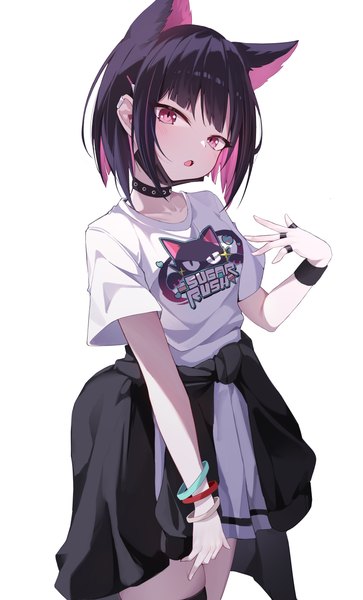 Anime picture 2475x4093 with blue archive kazusa (blue archive) kazusa (band) (blue archive) dowal single tall image looking at viewer highres short hair open mouth black hair simple background white background animal ears pink hair head tilt pink eyes multicolored hair cat ears two-tone hair