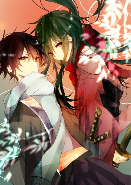 Anime picture 1027x1449 with kagerou project shaft (studio) kido tsubomi seto kousuke fueruto (artist) long hair tall image looking at viewer short hair red eyes brown hair yellow eyes green hair couple girl boy weapon sword scarf katana