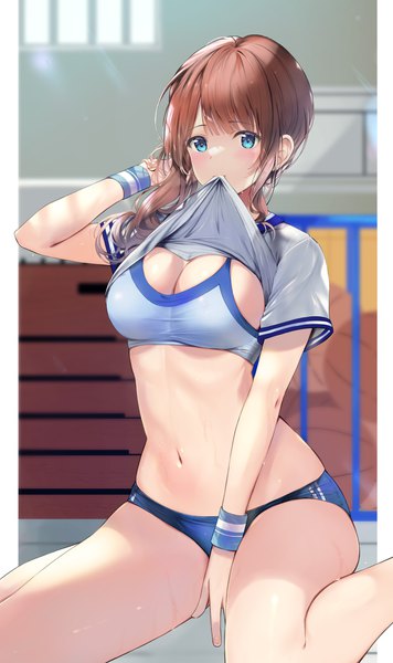Anime picture 2756x4644 with original tomura2maru single long hair tall image looking at viewer blush fringe highres breasts blue eyes light erotic brown hair large breasts sitting holding cleavage indoors blunt bangs short sleeves