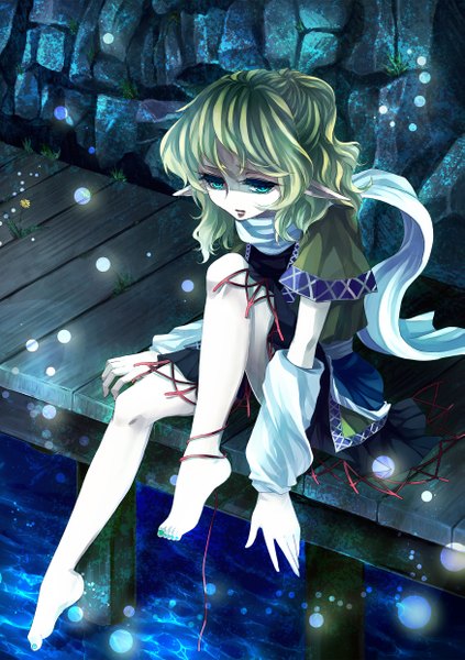 Anime picture 1750x2480 with touhou mizuhashi parsee awa toka single tall image highres short hair blonde hair sitting green eyes nail polish barefoot pointy ears half updo sad toenail polish girl detached sleeves water scarf