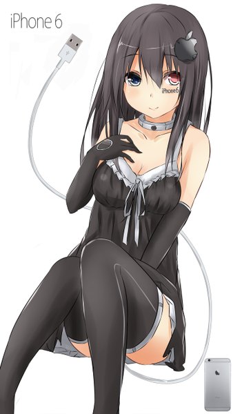 Anime picture 1500x2660 with original apple inc. saku (kudrove) single long hair tall image looking at viewer blush light erotic black hair simple background smile white background sitting bare shoulders cleavage loli tattoo heterochromia hand on chest