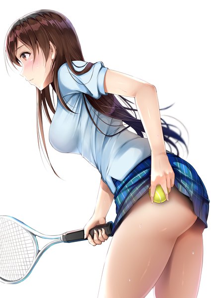 Anime picture 1769x2500 with idolmaster idolmaster cinderella girls nitta minami fay (fay axl) single long hair tall image blush highres breasts light erotic simple background brown hair large breasts white background brown eyes looking away ass profile leaning