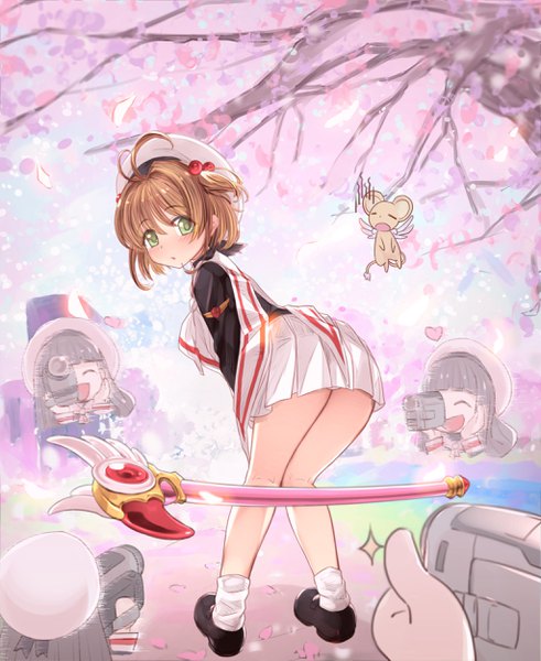 Anime-Bild 2048x2500 mit card captor sakura clamp kinomoto sakura daidouji tomoyo kero (cardcaptor sakura) shousumi (ljayxh) long hair tall image blush fringe highres short hair light erotic black hair smile hair between eyes brown hair multiple girls holding green eyes