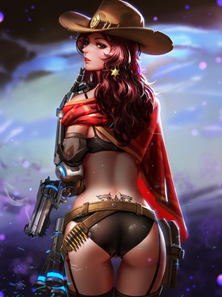 Anime picture 2625x3500 with overwatch blizzard entertainment mccree (overwatch) liang xing single long hair tall image looking at viewer highres light erotic brown hair bare shoulders yellow eyes ass parted lips looking back from behind realistic mole tattoo