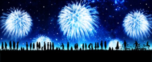 Anime picture 1500x610 with original harada miyuki wide image standing sitting multiple girls traditional clothes japanese clothes night multiple boys night sky group silhouette fireworks girl boy plant (plants) kimono grass ground vehicle