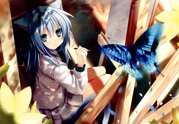 Anime picture 4206x2927 with original shino (eefy) single long hair blush highres animal ears blue hair tail cat girl drawing girl skirt petals insect butterfly