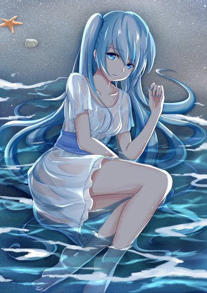 Anime picture 1200x1697 with vocaloid hatsune miku xyomouse single tall image looking at viewer very long hair aqua eyes aqua hair girl dress water sundress
