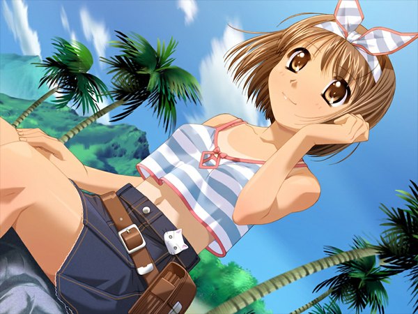 Anime picture 1024x768 with blue lagoon (game) lola andalusia single brown hair brown eyes game cg girl bow hair bow