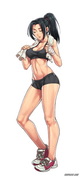 Anime picture 522x1150 with original speeh single long hair tall image breasts open mouth light erotic black hair simple background large breasts white background payot bent knee (knees) ponytail eyes closed midriff sweat thighs muscle