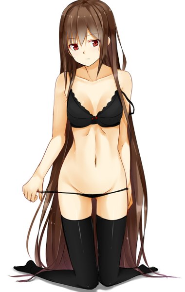 Anime picture 900x1421 with original isshiki (ffmania7) single tall image fringe breasts light erotic red eyes brown hair large breasts white background looking away very long hair head tilt bare belly no shoes underwear only kneeling panty pull shiny