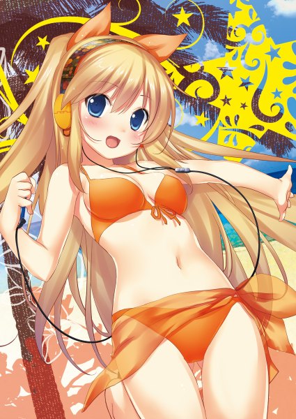 Anime picture 850x1200 with original 47agdragon long hair tall image looking at viewer blush open mouth blue eyes light erotic blonde hair animal ears girl navel swimsuit bikini headphones digital media player