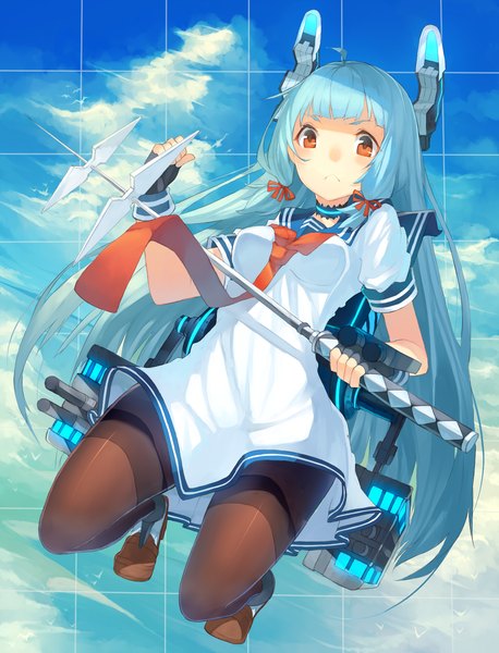 Anime picture 1450x1900 with kantai collection murakumo destroyer single long hair tall image looking at viewer blush red eyes blue hair sky cloud (clouds) full body tress ribbon girl thighhighs dress gloves ribbon (ribbons) weapon black thighhighs