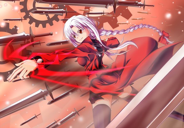 Anime picture 1000x701 with fate (series) fate/stay night studio deen type-moon archerko walhalla single long hair red eyes white hair braid (braids) girl thighhighs dress bow weapon black thighhighs hair bow sword